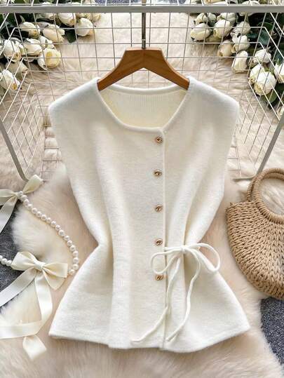 Women's Casual Vacation Solid Color Tie-Front Sleeveless Cardigan, Hollow Knit Design, Suitable For Brunch And Other Occasions, Spring/Summer