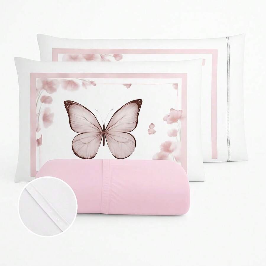 400 Thread Count Sheet Set With Hemstitch Edges, 3 Pieces, For Single, Double, Queen, And King Beds - BUTTERFLIES - ROSES - View 1