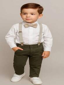 Calça Verde Musgo com Camisa Longa Branca e Kit Gravata e Suspensório Nude Infantil - Verde Escuro - Visão 1