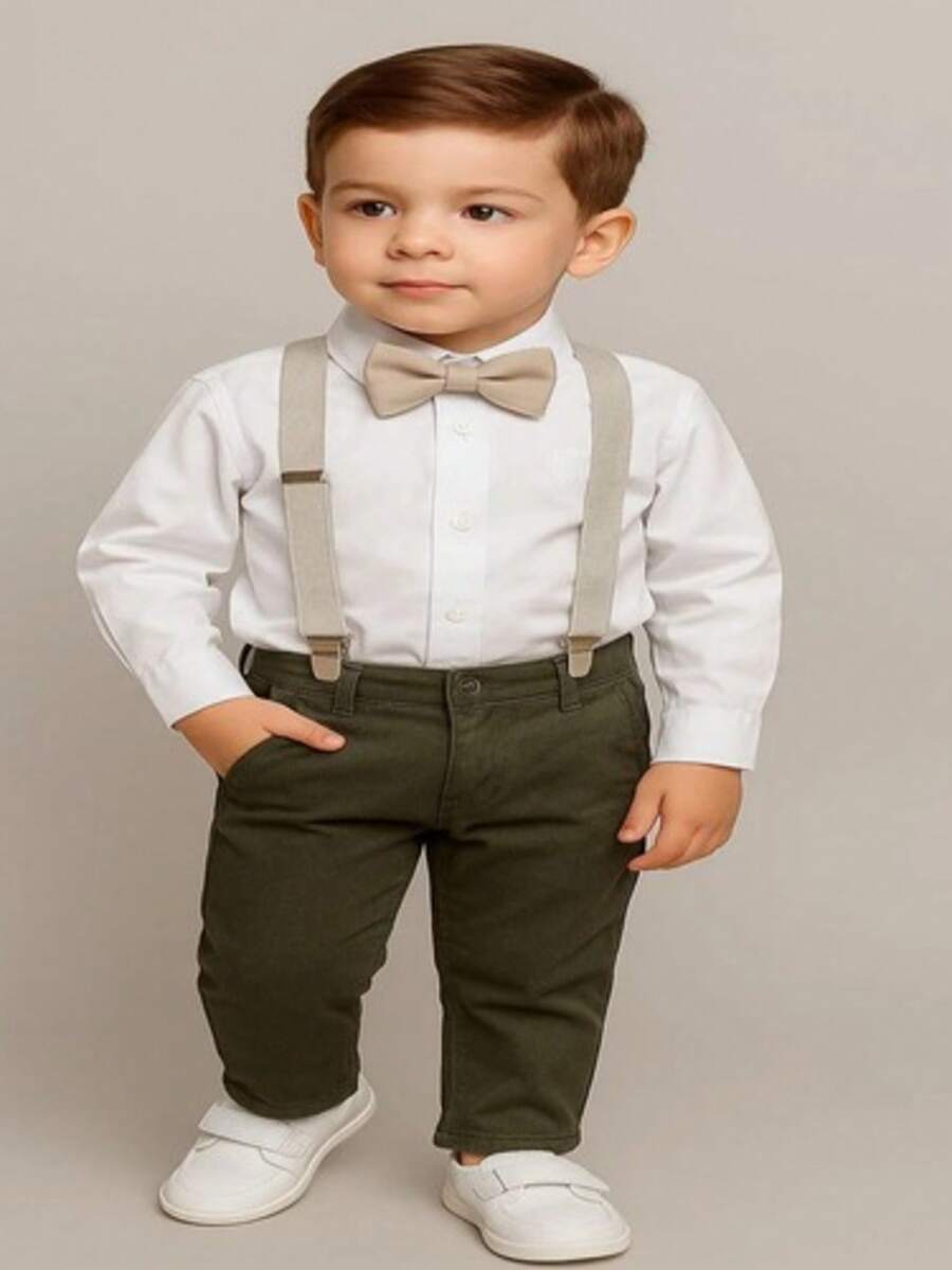 Calça Verde Musgo com Camisa Longa Branca e Kit Gravata e Suspensório Nude Infantil - Verde Escuro - Visão 1