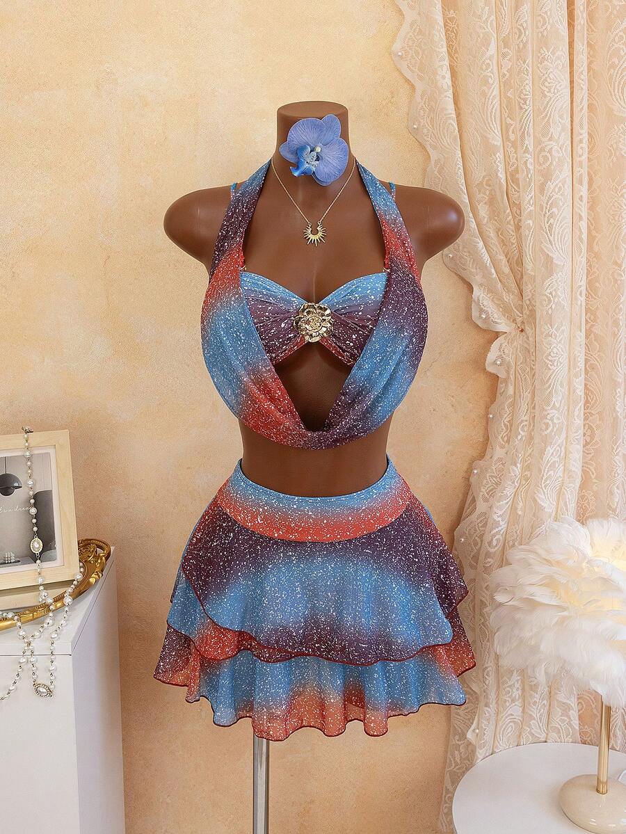 Women's Ombre Gradient Print Halter Neck Bikini Set With Cake Skirt, Summer - Multicolor - View 1
