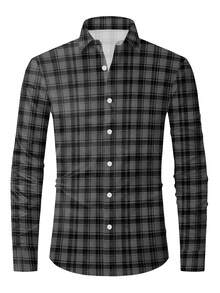 男士经典格子衬衫，100% 涤纶，四季皆宜，修身剪裁，成熟领型，面料略带弹性，纽扣细节 - 黑色 - 查看 6