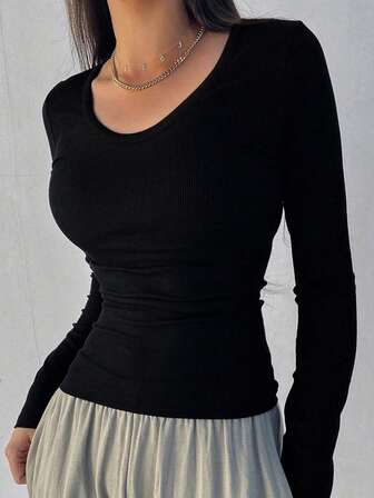 Maglia a girocollo a costine in tinta unita da donna, maglietta a strati, t-shirt a maniche lunghe per uso quotidiano, casa, pendolarismo, vacanza, spiaggia