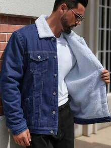 秋冬季常规加厚男士长袖牛仔夹克，带保暖内衬，休闲街头风牛仔上衣 - 藍色 - 查看 1