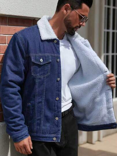 Höst/vinter Regular Tjock Herr Långärmad Jeansjacka med Termofoder, Varm Avslappnad Street Style Jeanstopp