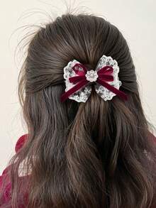 2Pcs Elegant Large Lace Bow Hair Clips For Girls - Burgundy, Green, Black, Khaki & White Floral Barrettes With Ribbon-Like Bows, Hair Accessories For, Weddings, Prom, Christmas, Valentine's Day Gifts (Lace Hair Clips For Braids) - A Pair - View 8