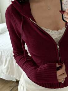 Women's Casual Cute Short Zip-Up Hooded Fitted Knit Cardigan Top, Drawstring Long Sleeve Everyday Commute Versatile Knit Jacket, Autumn/Winter Streetwear Y2K Style, Christmas/Thanksgiving/New Year Gift - Burgundy - View 3