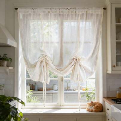 1 Pc Boho Beige Striped Tie Up Curtain For Kitchen Light Filtering Half Window Curtain For Bathroom Adjustable Balloon Short Sheer Curtain For Cafe Window Home Decor Rod Pocket