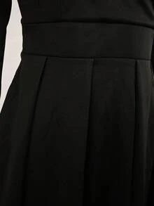Spring Elegant Mid Long Dress With Pockets Sexy Pleated Design Slim Waist Women Solid Dresses - Black - View 5