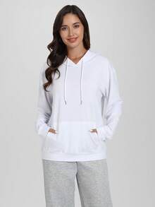 CZRLHYT Áo nỉ nữ dáng rộng có mũ, áo nỉ chui đầu, áo hoodie thời trang, áo dài tay dễ thương có túi. - trắng - Xem 3