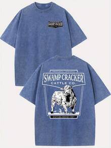 Washed Cottonswamp Cracker 230g Washed Cotton T-Shirt, Vintage Street Style, Double-Sided Printed Pattern T-Shirt, Men's T-Shirt, Distressed Look, Summer Clothing, Drop Shoulder Sleeves, Round Neck Top, Short Sleeves, Suitable For Gifting And Daily Wear - Màu xanh lam - Xem 6