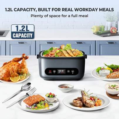 100瓦无线电动保温饭盒，适合成人和男士使用，可充电电池供电，1.2升便携式食物保温饭盒，五面加热，适用于工作、汽车、户外等场合。