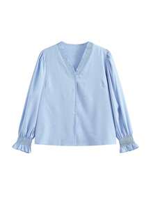 Blusa con cuello en V francés, con volantes, mangas abullonadas para mujeres, diseño único, estilo coreano elegante, adecuada para primavera y otoño - Azul - Ver 5