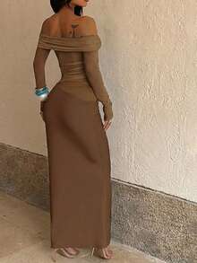 WOWDARK Summer Dress, Brown Elegant Off-Shoulder Mesh Hollow Out Fitted Dress, Formal Party Gown For Women, Suitable For Valentine's Day, Date, Gathering, Party, Travel, Vacation, Beach