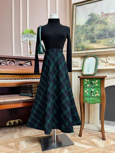 Women's Elegant Versatile Plaid A-Line Skirt, Suitable For Casual, Formal, Holiday, Daily, Vacation, And Dates, All Seasons