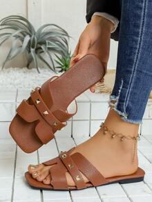 女士夏季新款休闲户外拖鞋，时尚平底凉鞋，宽松方头套脚拖鞋 - 棕色 - 查看 8