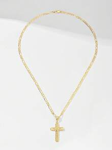 1pc Classic European Style Copper Jesus Cross Pendant Necklace, Limited Edition "Light Of Protection", Suitable As Gift For Christmas, Thanksgiving, Halloween, Mother's Day, Valentine's Day, Friends, Believers, First Holy Communion, Daily Wear And Prayer - Yellow Gold - View 6