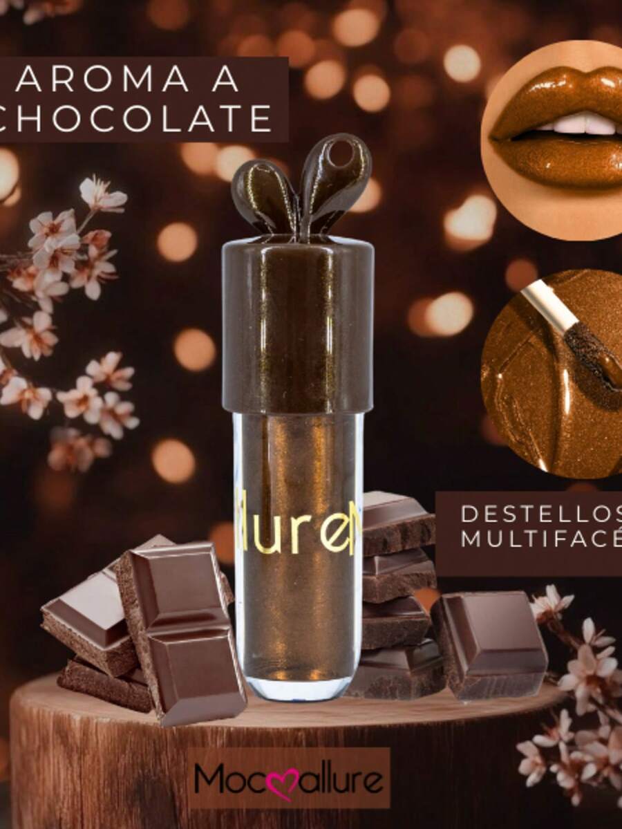 Gloss para labios aroma a Chocolate de Mocoallure. brillo labial efecto gloss y color café con destellos dorados | Fórmula hidratante con acabado luminoso y un delicado aroma a chocolate - Chocolate - Ver 1