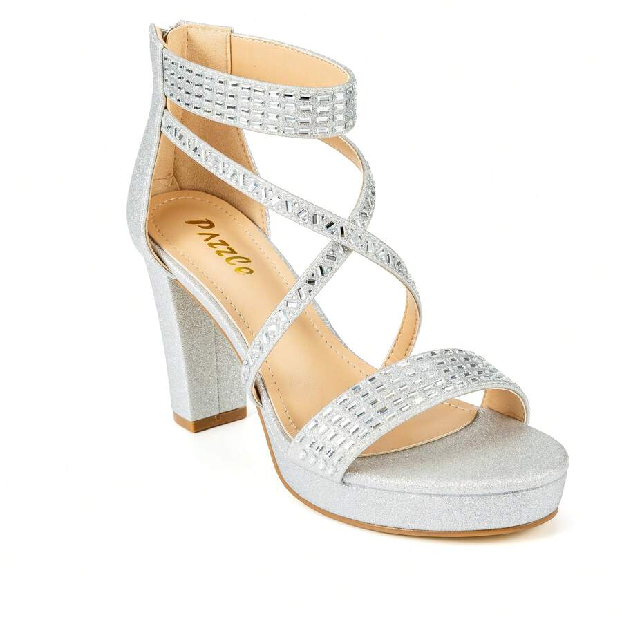 Women's Rhinestone Chunky Heel Sandals Chic Summer Platform - Bạc - Xem 1