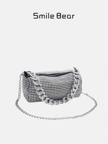 Fashionable Rhinestone Chain Shoulder Bag, Versatile Crossbody Handbag For Women - Silver - View 2