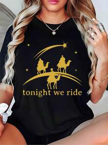 Fiesta de los Tres Reyes Mujer Camello Estrella Noche Viaje Estampado Camiseta Negra Para Celebraciones Religiosas y Fiestas Familiares - Negro - Ver 1