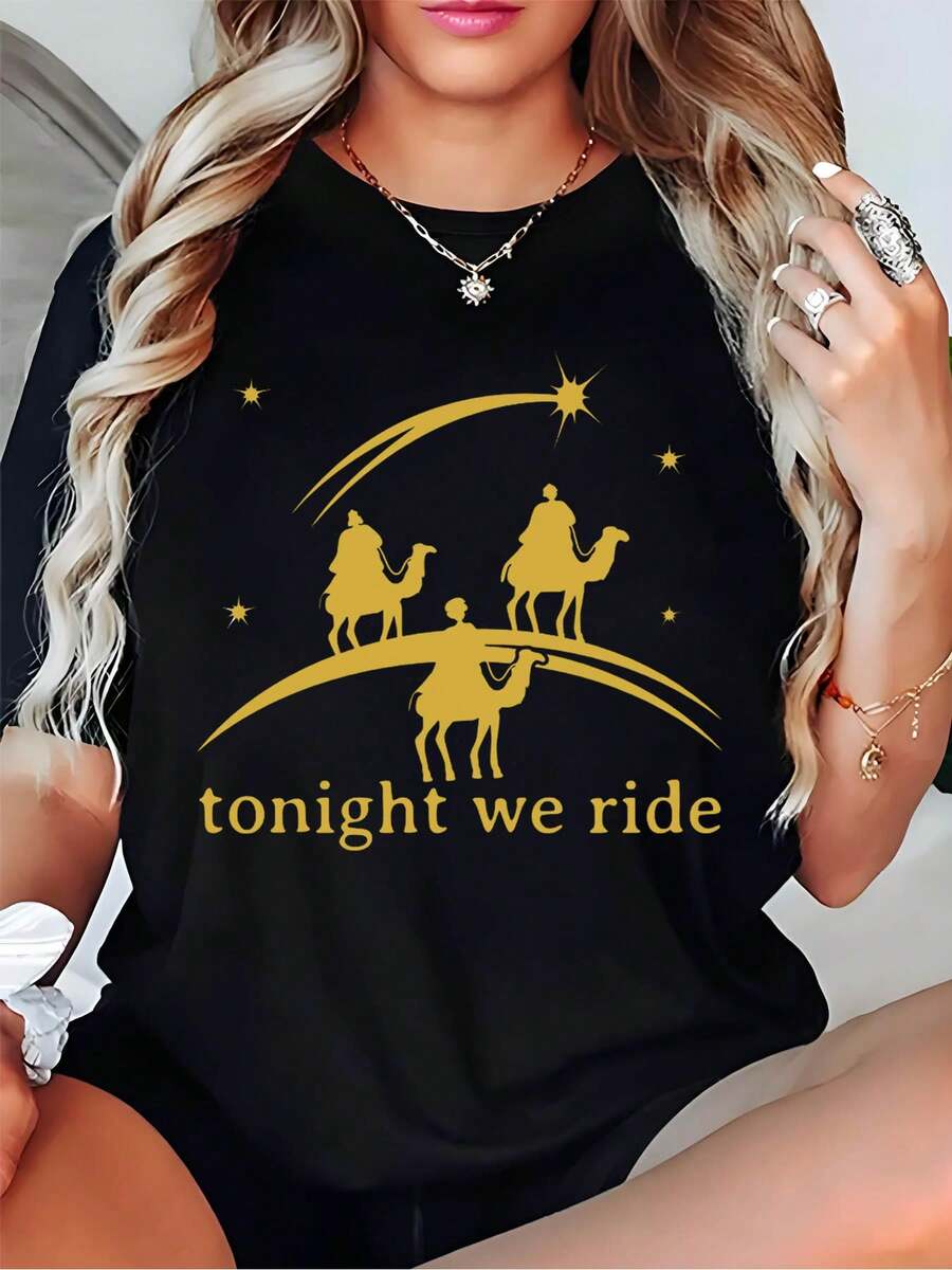 Fiesta de los Tres Reyes Mujer Camello Estrella Noche Viaje Estampado Camiseta Negra Para Celebraciones Religiosas y Fiestas Familiares - Negro - Ver 1