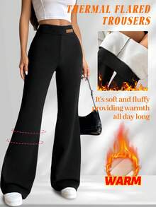 1件装女士高腰时尚休闲保暖加厚喇叭裤，秋冬季健身加厚保暖打底裤，纯色弹力腰紧身裤，柔软瑜伽裤 - 黑色 - 查看 2