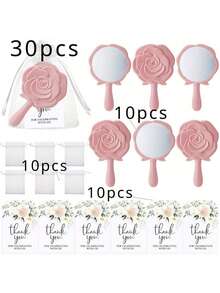 15件/30件新娘回礼套装 - 玫瑰图案塑料镜子、感谢卡和欧根纱袋 - 非常适合作为婚礼回礼和伴娘礼物