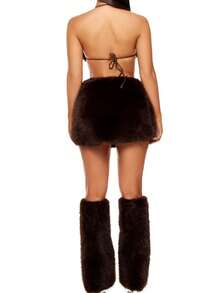 Women's .Y Y2K Fuzzy Outfits Furry Corset Top Mini Skirt Leg Warmer Set Fashion Faux Fur Club Rave Set Streetwear - màu nâu - Xem 3