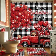 1/4pcs Happy Valentines Day Decoration Shower Curtain Set Heart Love Truck Buffalo Plaid Romantic Red White Black Shower Curtain Washable For Bathroom Shower Ornament Gift Home With 12 Hooks Non-Slip Bath Mat U-Shape Toilet Lid Cover Mat - Multicolor - View 4