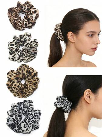 4pcs Bright Leopard Print Scrunchies, Elastic Hair Ties, Hair Accessories