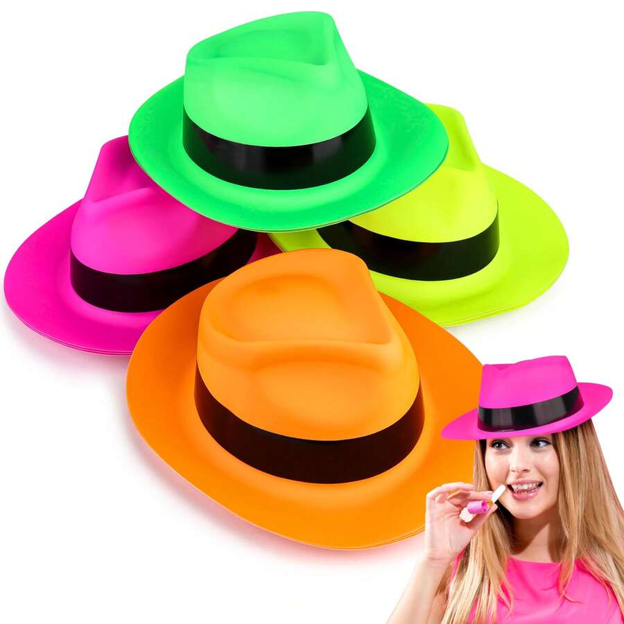 (6/12/24 Pcs) Novelty Neon Plastic Party Hats, Gangster Style Glow-In-The-Dark Soft Felt Hats, Suitable For Birthday, Music Party - Multicolor - View 1