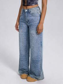 NVFelix Jeans longs en denim décontractés et polyvalents pour femmes, avec un design floral jacquard unique, style mode Bermuda Y2K, avec poches, jambe droite ample taille haute non stretch, jeans lavés, convient pour le port quotidien, nouvelle collection automne/hiver - Jean clair - Voir 4