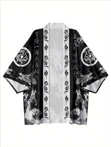 男士休闲武士和服衬衫 - 七分袖，轻薄涤纶面料，日式传统风格，龙纹印花，适合海滩或街头穿着，中国尺码，请仔细查看尺码指南 - 黑色 - 查看 2