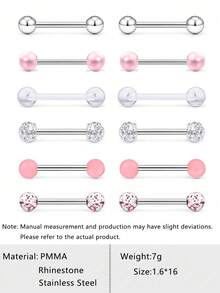 12 piezas de anillos de acero inoxidable con bola de moda para pezones y lengua, adecuados para el uso diario de las mujeres - Juego de 12 piezas - Ver 12