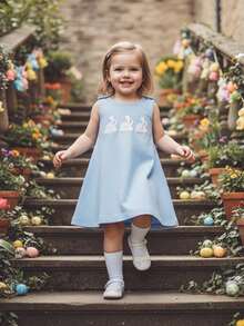 Toddler Baby Girl Easter Bunny Dress Rabbit Embroidery Sleeveless Tank Dress Infant Spring Family Photo Outfits - Màu xanh lam - Xem 5