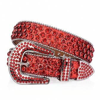Women's Faux Rhinestone Studded Red Belt Men's Fashion Western Cowboy Punk Rhinestone Leather Belt