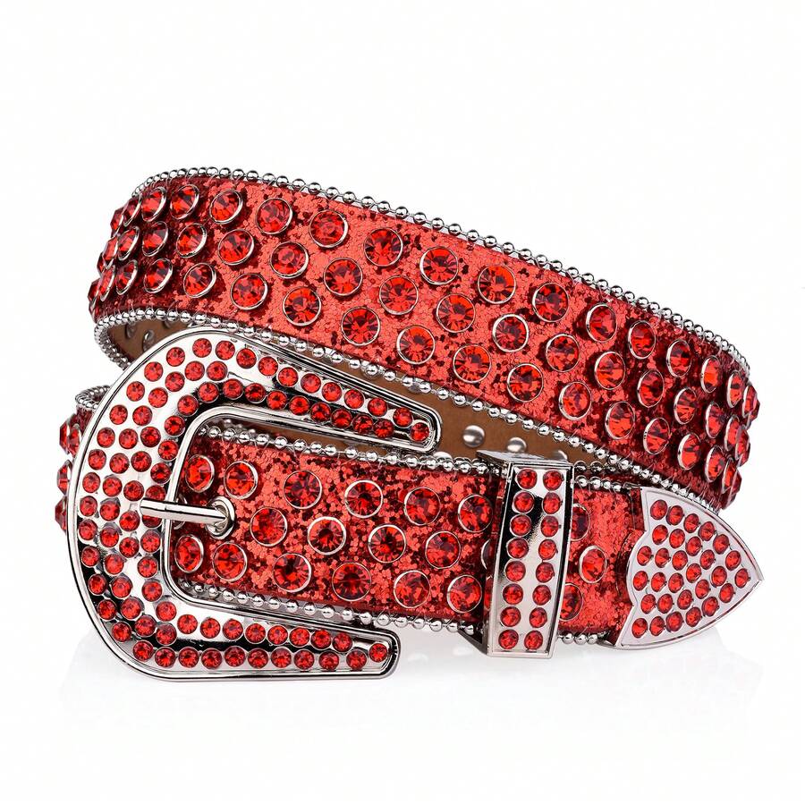 Women's Faux Rhinestone Studded Red Belt Men's Fashion Western Cowboy Punk Rhinestone Leather Belt - Red - View 1
