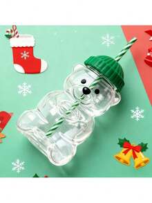 1/2pcs 590ml Mini Bear-Shaped Glass Cup With Green Hat Lid & Straw - Transparent Adorable Bear Bottle For Drinking, Cute Glass Glass Vessel For Home Office Use, Christmas Gift 2025, Reading Vessel, Holiday Present, Playful Drinkware, Durable Glassware - 綠色+橘色 - 查看 4