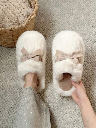 Damen Schlüpf-Pantoffeln mit Schleife, weiche dicke Sohle, bequem & warm, flauschig, süß & niedlich für Innenräume, Zuhause, Büro, Pink