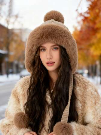 1pc Women Striped Fuzzy Knit Beanie Hat, Winter Warm Windproof Ear Protection Thick Knitted Cap, Cute Influencer Casual Elegant Retro Streetwear Fashion Versatile Slouchy Hat, Suitable For Outdoor, Skiing, Cycling, Travel, Party, Daily Use