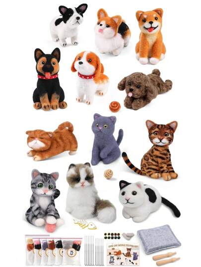 1Set 6 Pcs Needle Felting Kit, Animal Needle Felting Beginner Kits Cats And Dogs Wool Felt Needle Felting Tools With Instruction For DIY Craft Animal Home Decoration
