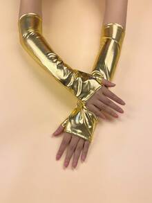 1 Pair Solid Color Reflective Patent Leather Fingerless Gloves, Suitable For Street Dance, Stage Performance, All Seasons - A - View 9