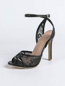 Mesh Lace High Heel Sandals, Peep Toe Breathable Stiletto Heels Sexy Clubwear Strap Sandals For Women - Black - View 7
