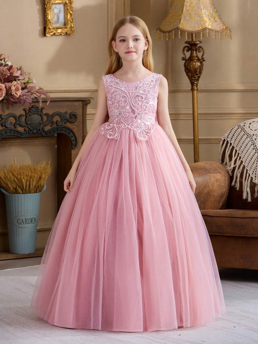 Tween Girl Pink Handmade Beaded Sequin Trim V-Neck Elegant Party Dress, Princess Dress Suitable For Girls Birthday Party, Banquet, Prom, Flower Girl Wedding, Bridesmaid Dress, Holiday Celebration - Pink - View 1