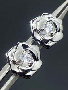 1 Pair Romantic Copper Inlaid Zirconia Rose Stud Earrings, Silver Rose Gold Earrings, Men's Everyday/Business Luxury Earrings, Valentine's Day Exclusive Gift - Rose Earrings - View 7