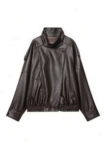 Camellia New Autumn/Winter Women's Fashion European & American Style Minimalist Versatile Litchi Texture Leather Jacket, High-End Outerwear - Brown - View 6