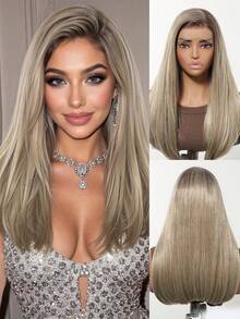 Tóc giả FIVE STARS 13*4 HD Lace Front trong suốt và thoáng khí dành cho nữ, màu vàng lanh, dài 26 inch, tóc xoăn không mái, tóc tổng hợp chịu nhiệt, thích hợp cho cosplay, lễ hội, trang phục Halloween, HOT - Vàng lanh - Xem 11