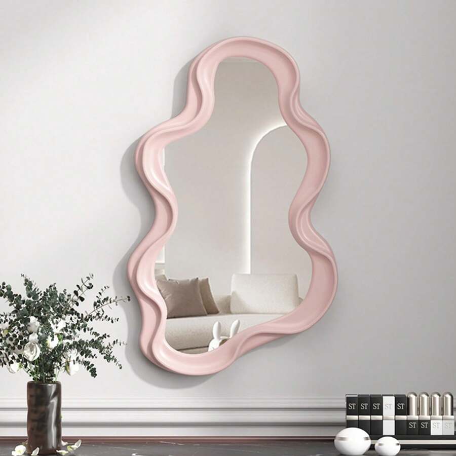 Irregular Wall Mirror,With Hook Asymmetrical Border Bathroom Mirror 16 * 10.2in,Creative Modern Decorative Vanity Mirror For Bedroom Living Room Entryway(08,Pink - 粉色 - 查看 1