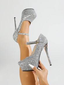 时尚新款 5.5 英寸（14 厘米）女士高跟鞋，四季皆宜的细高跟鞋，加厚防水台，单带扣超高跟鞋，银色闪亮亮片圆头鞋，模特展示，适合宴会、派对、约会、舞会和婚礼。 - 銀色 - 查看 8